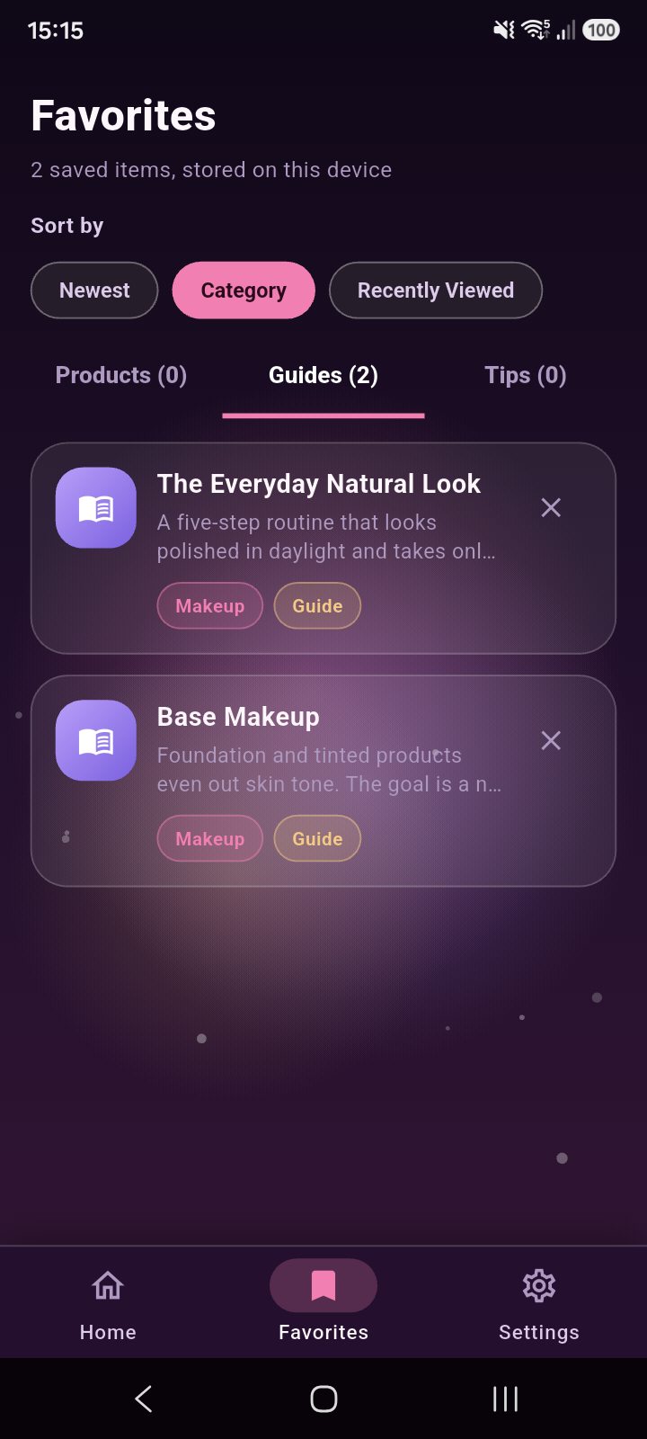 Saved beauty articles and category sorting screen