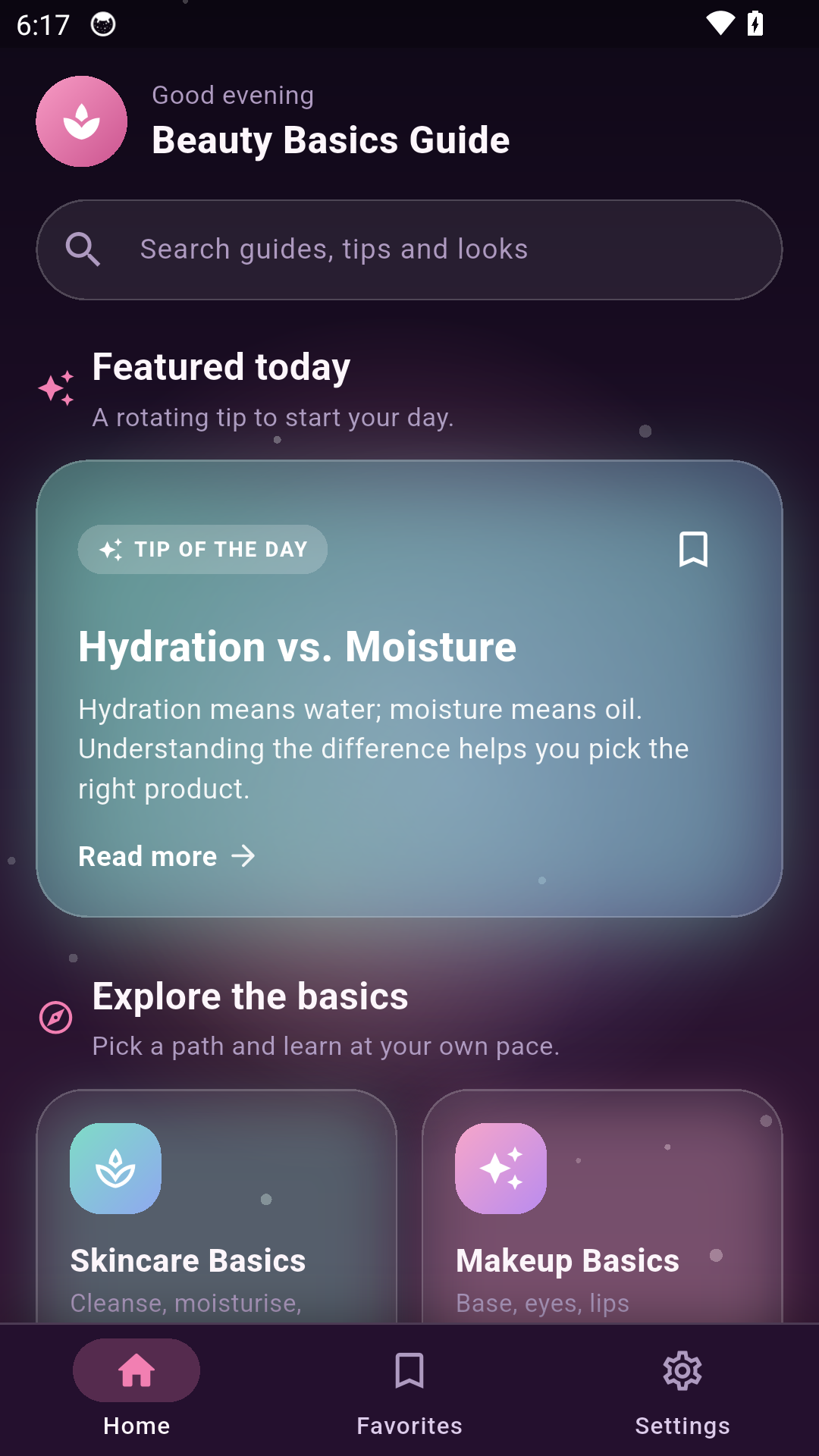 Beauty Basics Guide home screen with featured daily tip
